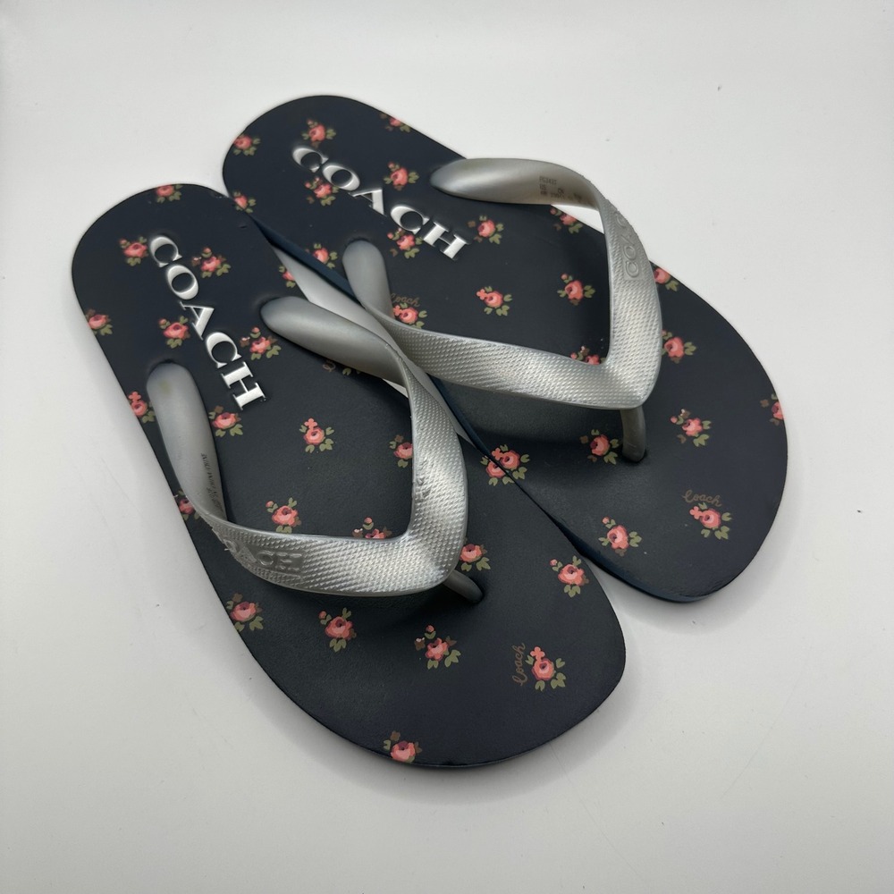 Coach blue Floral Flip Flop Sandals Silver Straps Womens 6B